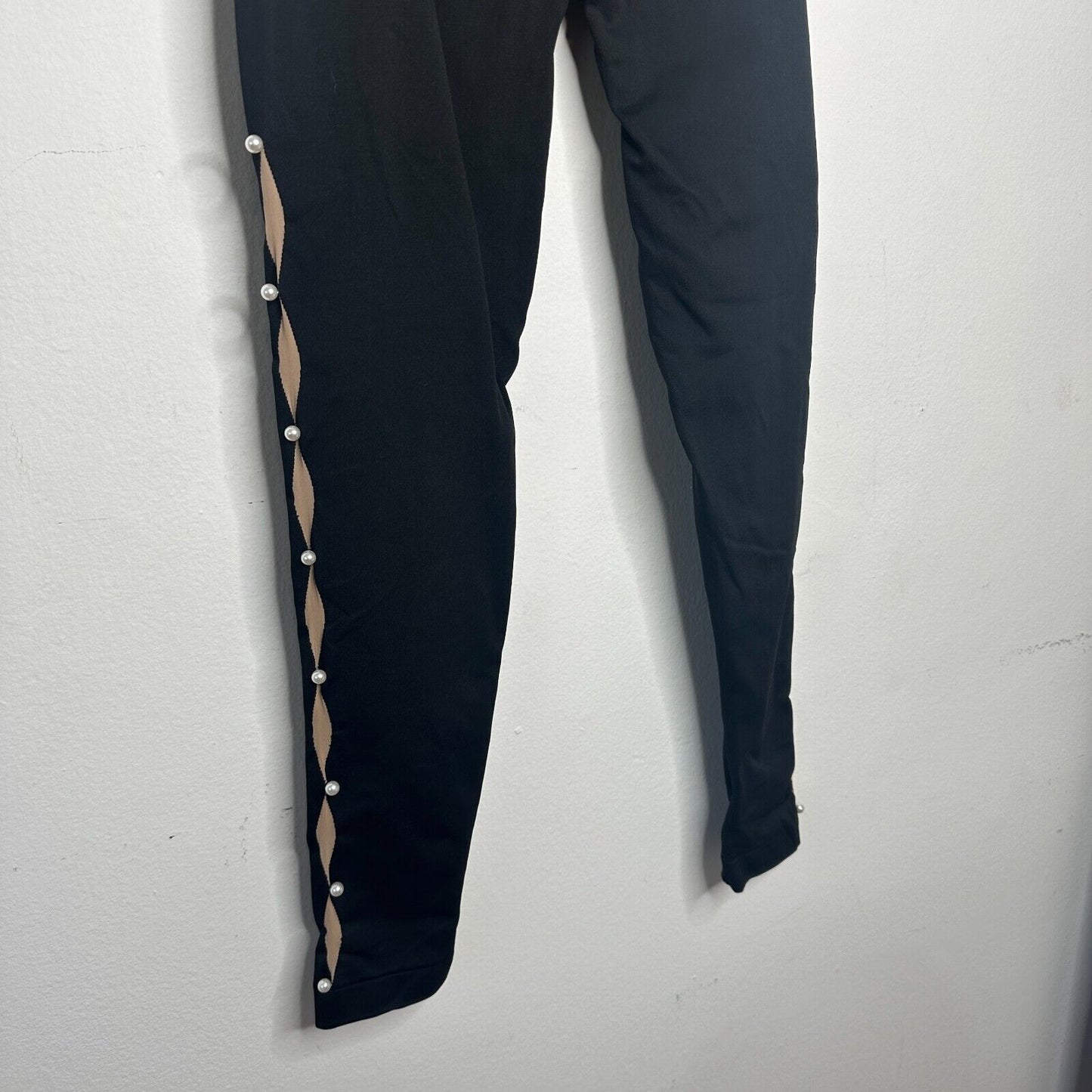 Wolford Sexy Black Linda Leggings Open Side Slit Tan & Pearl Embellishment Small