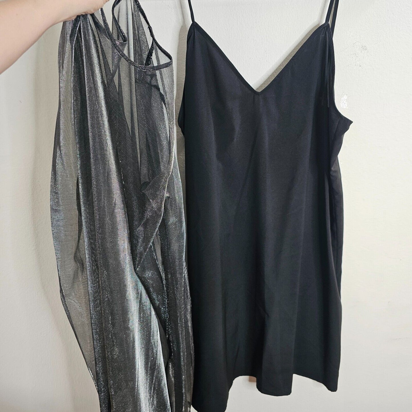 The Kooples Smokey Silver Metallic Sheer Round Neck Over Dress Black Slip Large