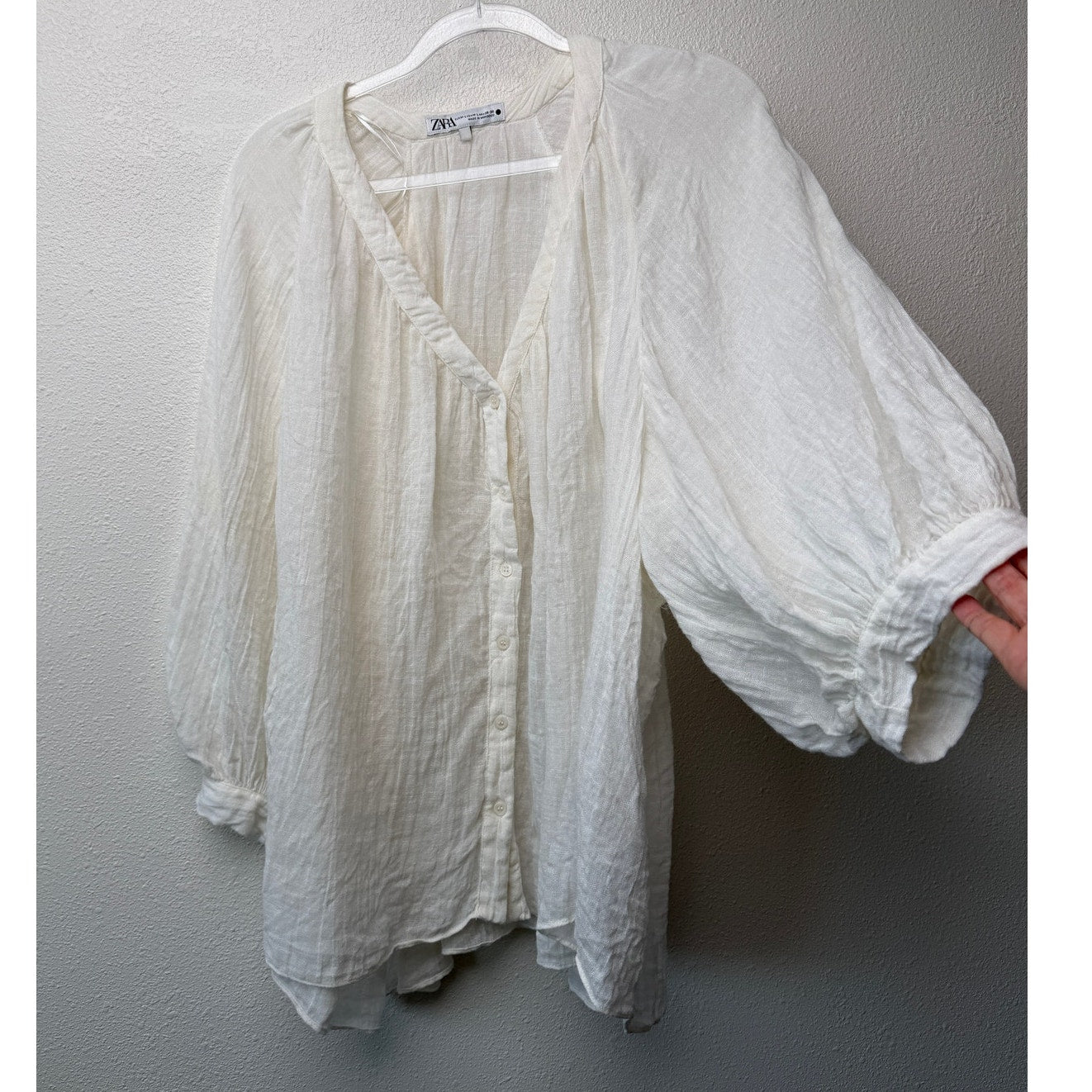 Zara Cream Linen Blend Crinkle V-Neck Boxy Button Front Boho Blouse M/L