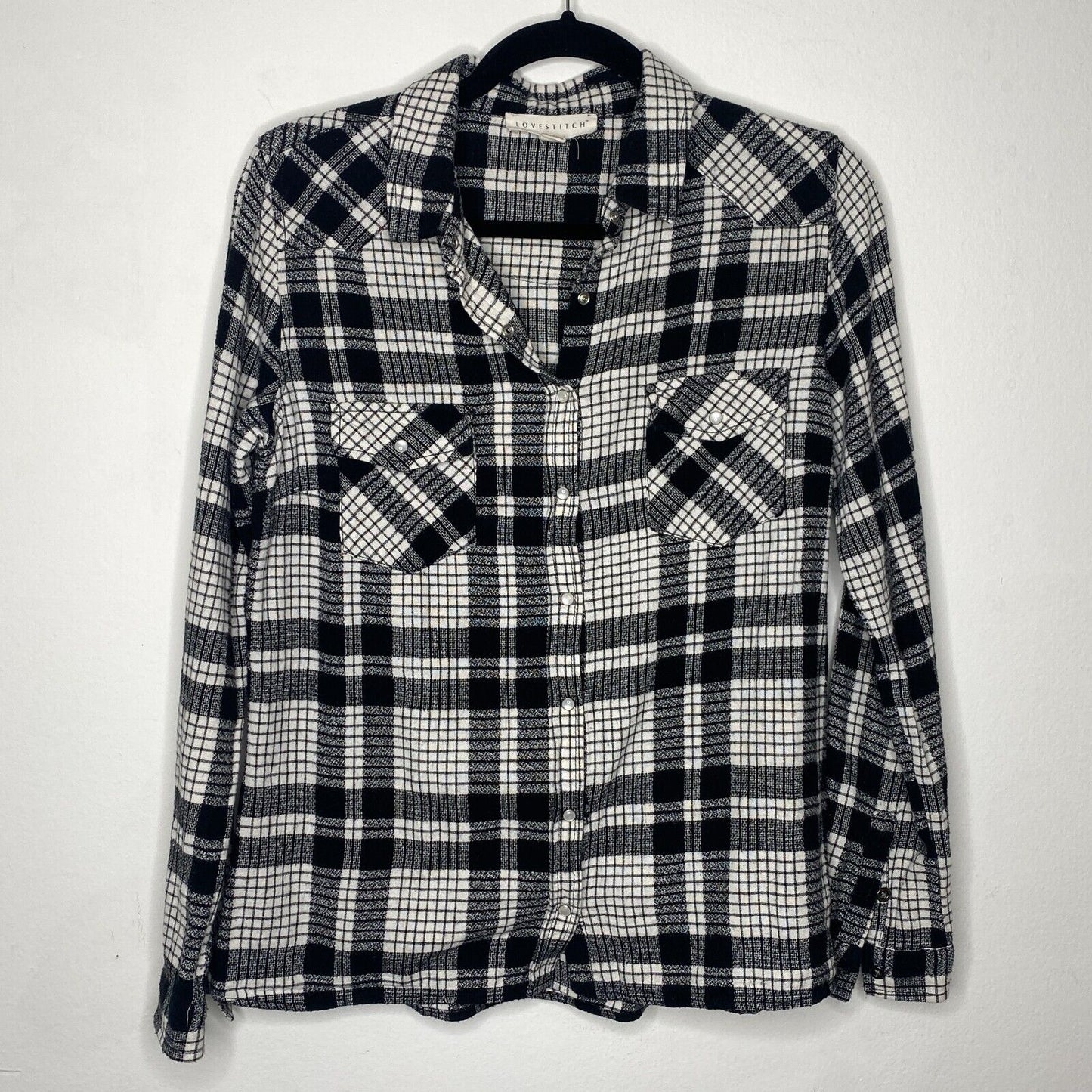 Lovestitch Long Sleeve Pocketed Black White Plaid Button Up Flannel Shirt S