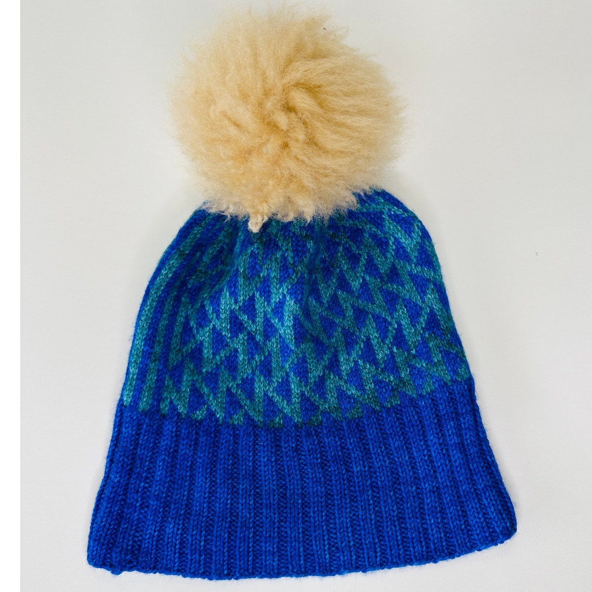 Blue Green Triangle Print Knit Beanie Tan Pom Pom OS