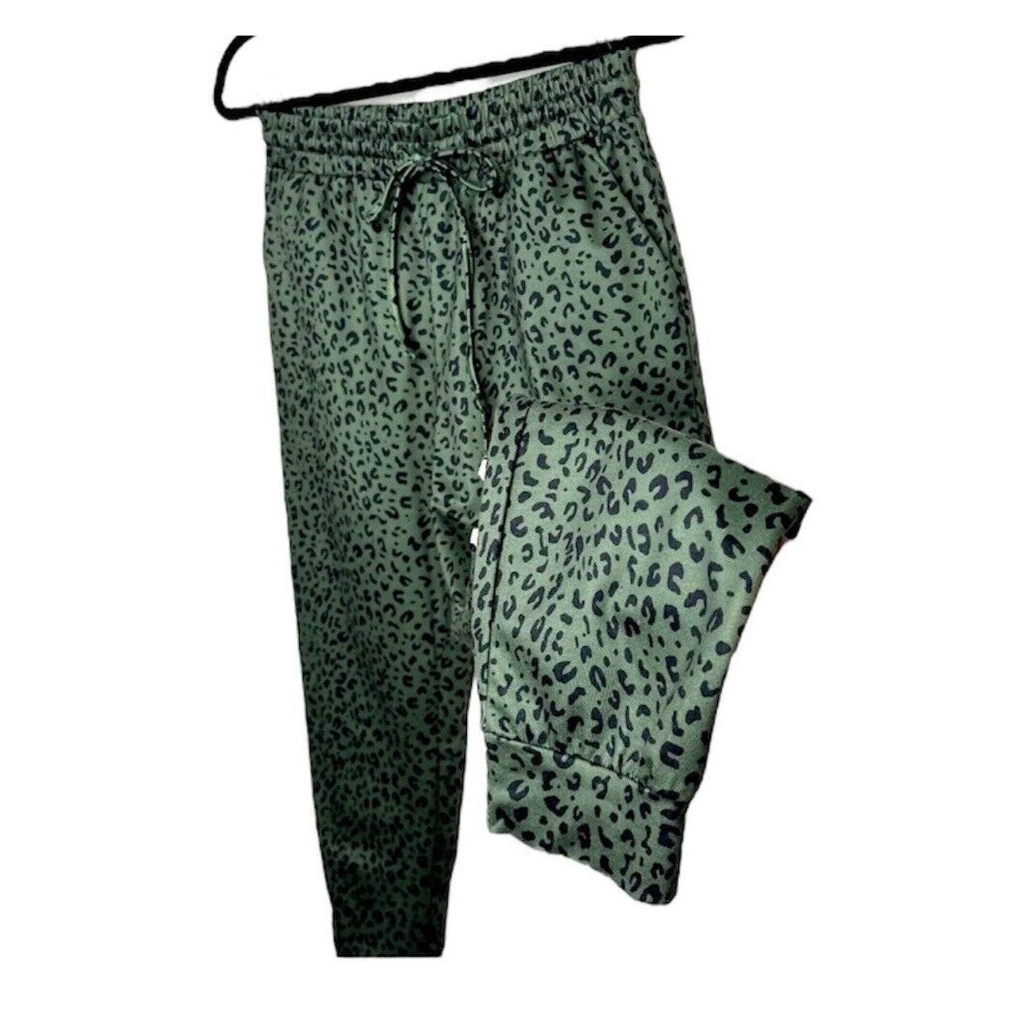 Green and Black Leopard Print Relaxed Fit Draw String Joggers Sweat Pants Medium