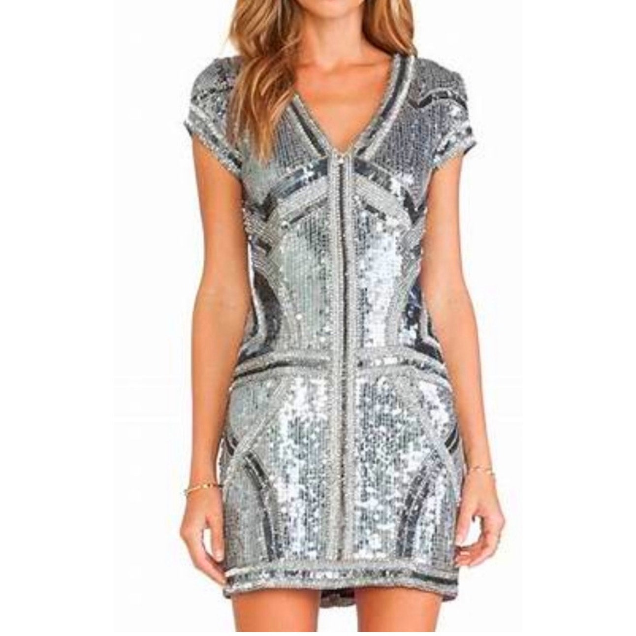 Parker Gray Silver & Rose Gold Sequin Aztec Print V-Neck Cap Sleeve Mini Dress S