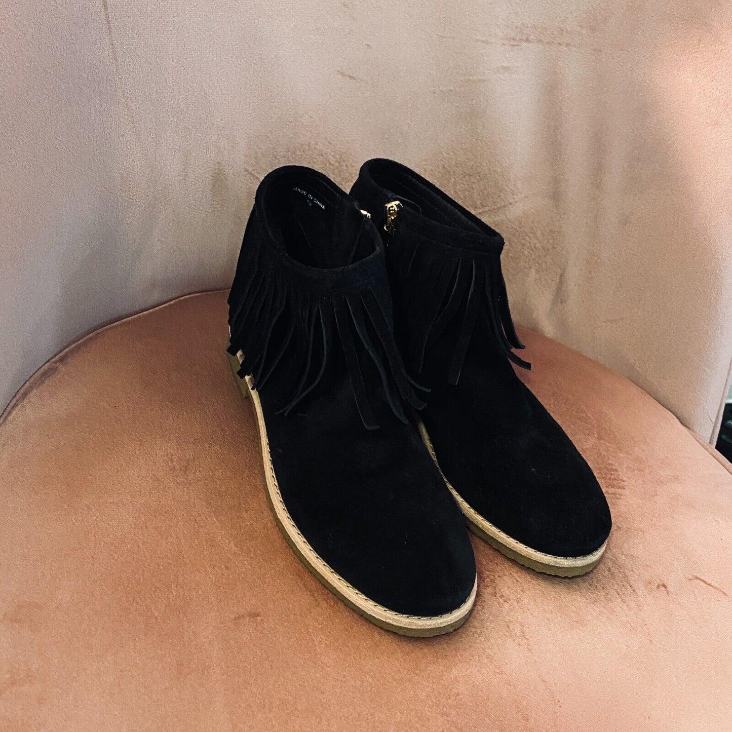 NIB Kate Spade Cute Betsie Black Fringe Suede Bootie Ankle Boot Gold Zipper 6