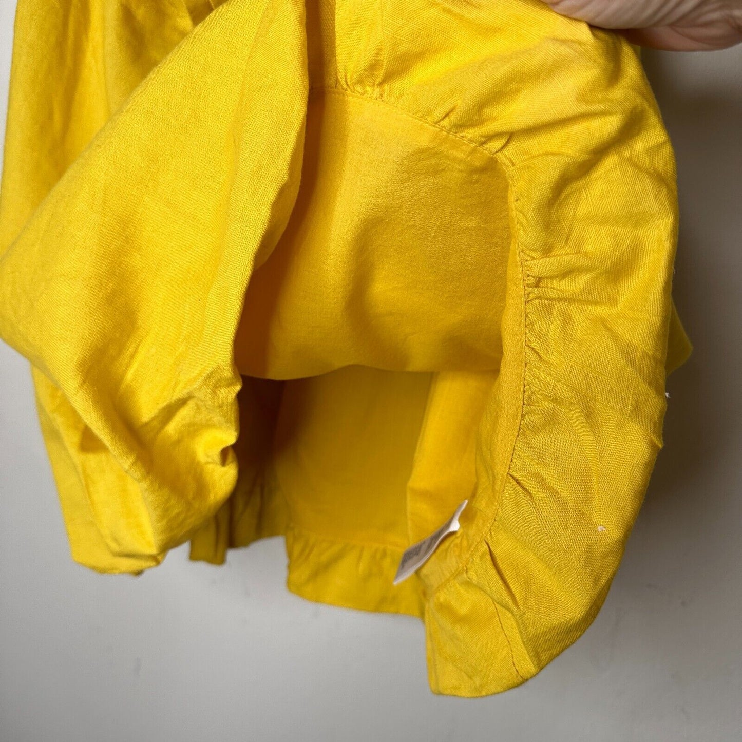 Yellow Linen Sleeveless Blouson Blouse Mini Dress Bead Bow Tie Front S