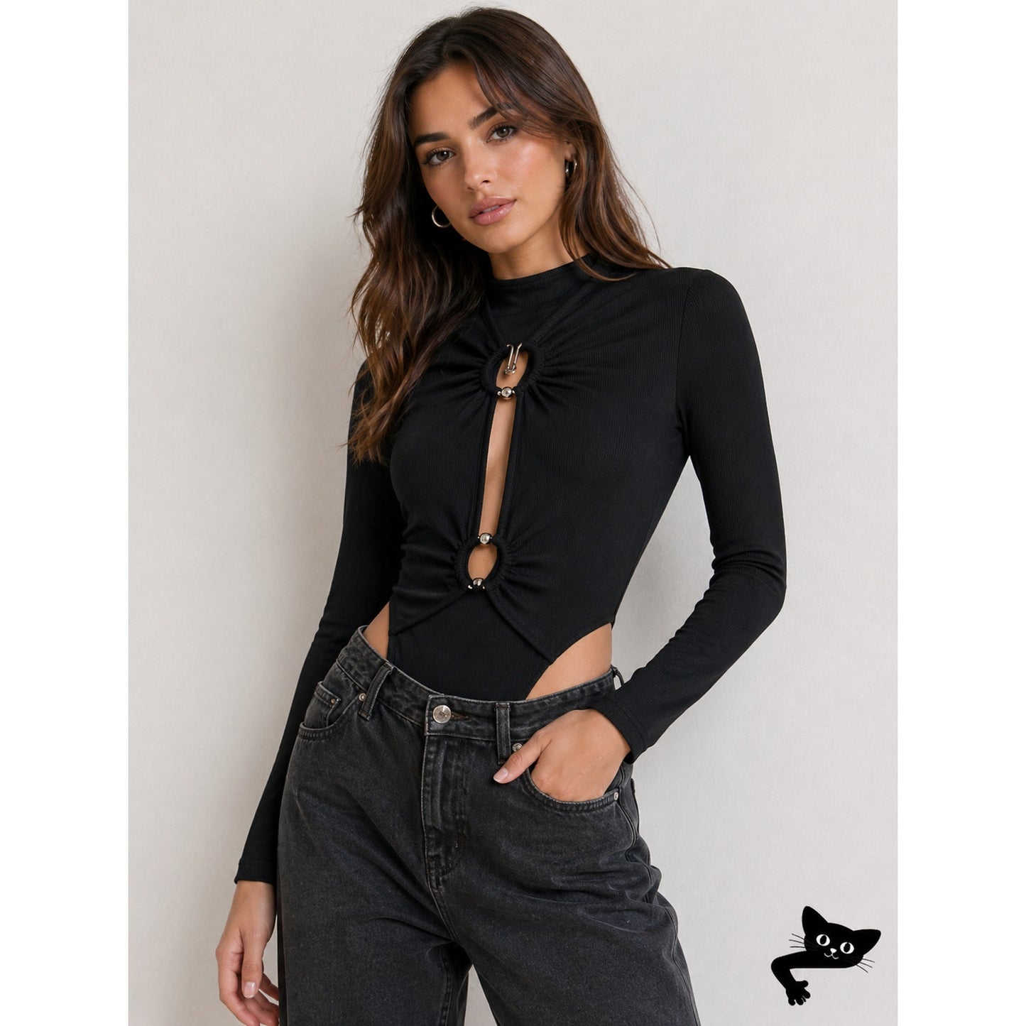 Sophie Anne Keyhole Black Bodysuit Gold Tone Hardware Long Sleeve Rib Knit 2