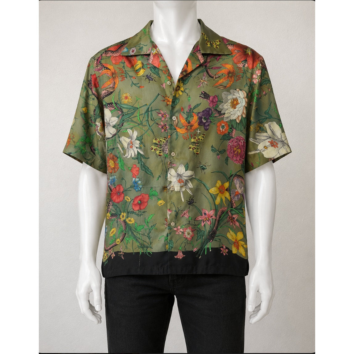 Gucci Olive Flora Snake Silk Camp Shirt Men's US 34