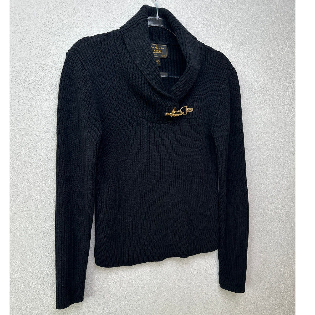 Ralph Lauren Black Ribbed Sweater with Gold Buckle Detail L