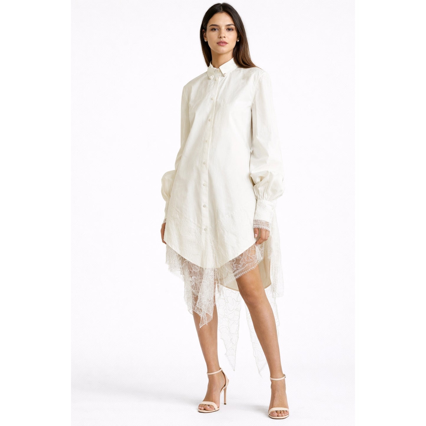 Danielle Frankel Shirt Dress Ivory Lace Trim Women's L