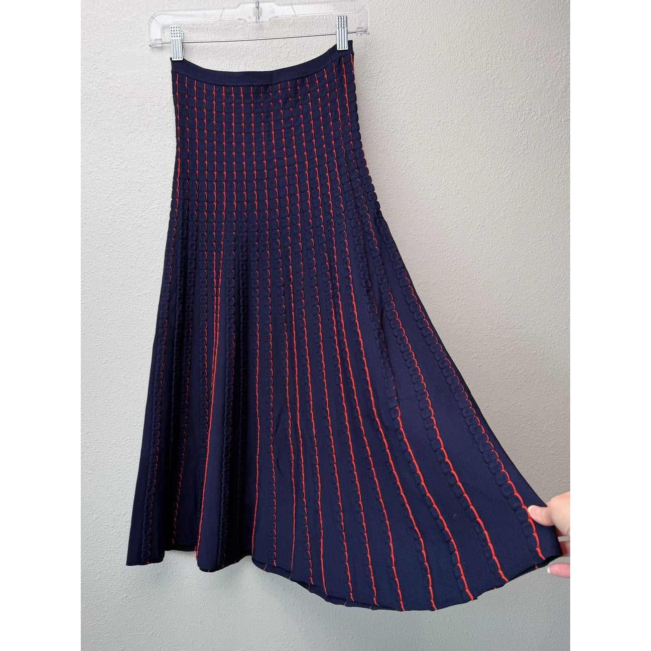 Zara Women Navy Red Striped Knit Midi Skirt US S
