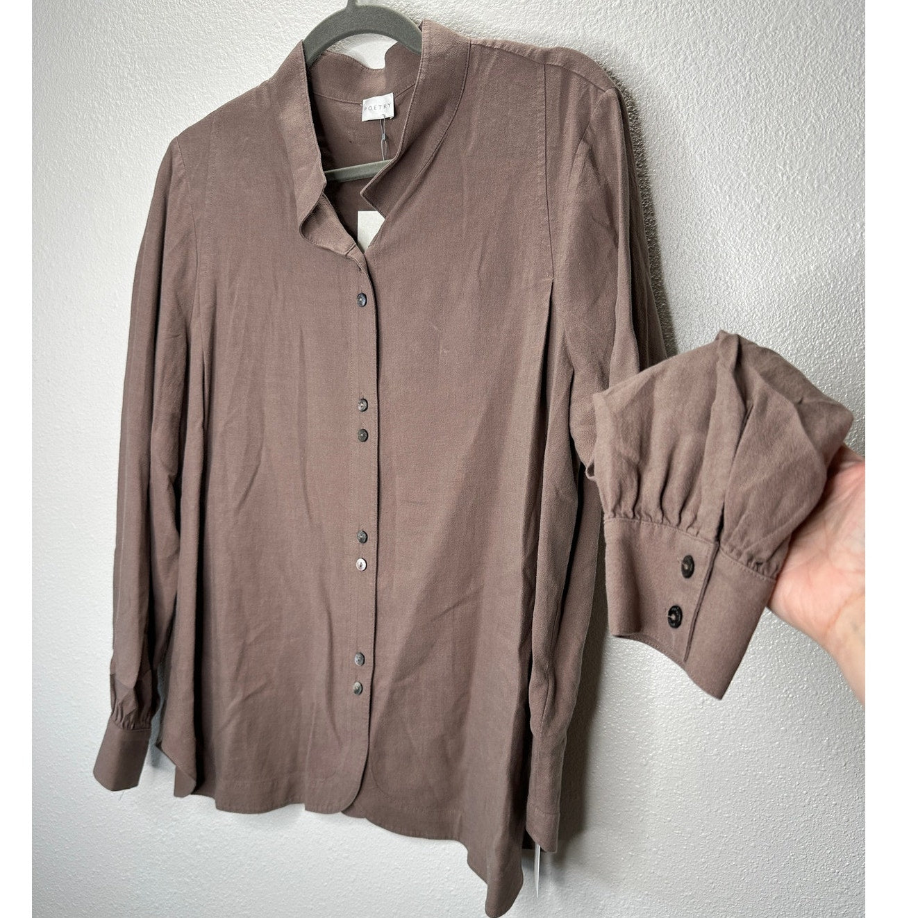 NWT Poetry Nut Brown Funnel Neck Double Button Front Long Sleeve Blouse 12