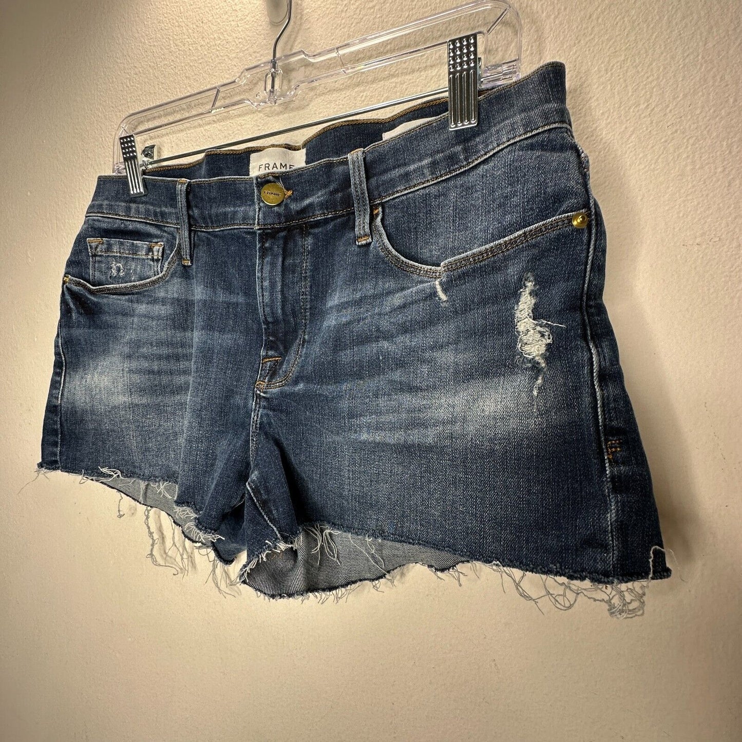 Frame Le Cut Off Azure Jean Shorts Raw Edge Frayed Hem Fading & Whiskering 28