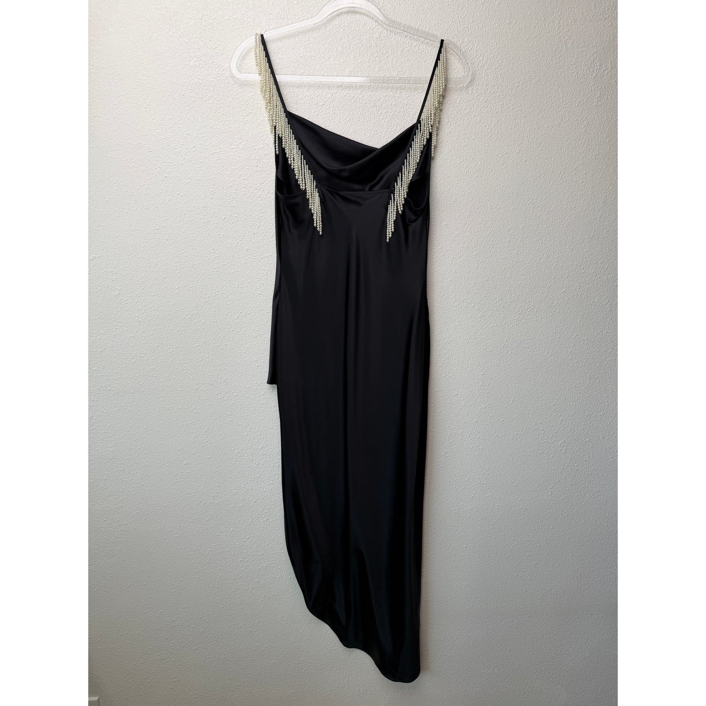 Fleur du Mal Black Silk Pearl Strap High Slit Midi Dress Size S