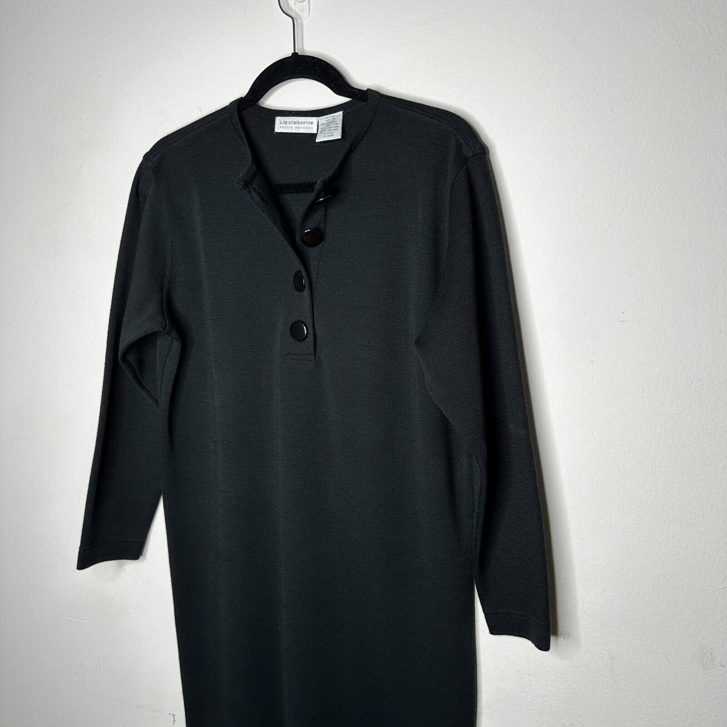 Liz Claiborne Black Henley V-Style Half Button 3/4 Sleeve Wool Dress M