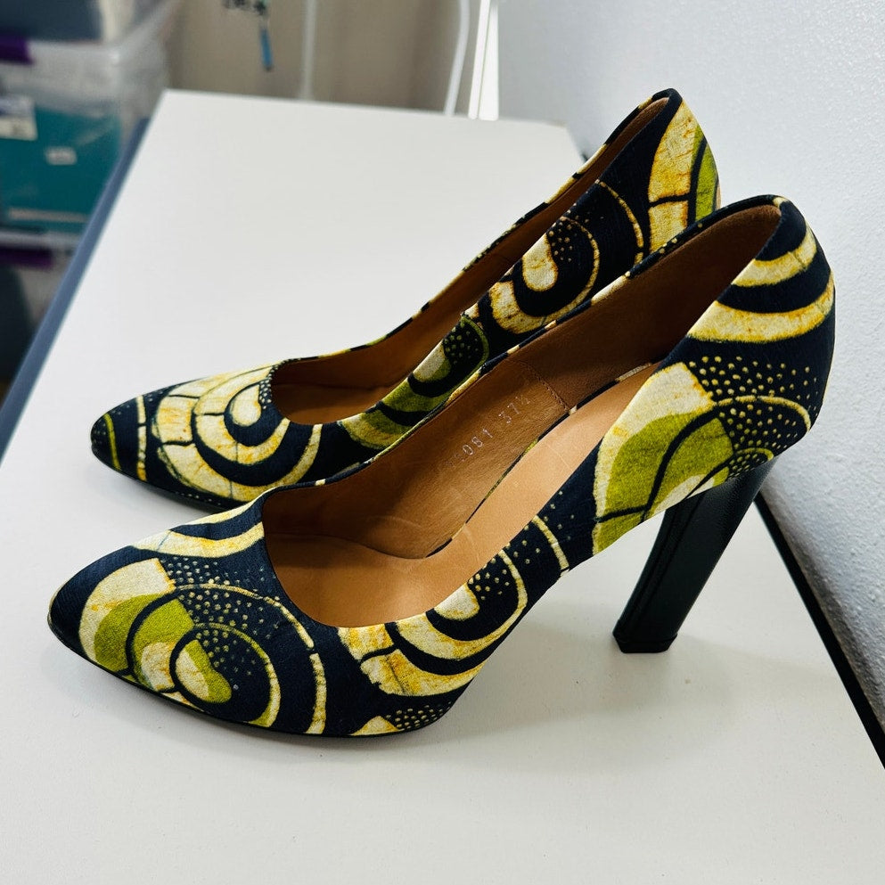 Dries Van Noten Italy Silk Leather Black Green Tan Platform 5" Heel Shoe 37.5 / 7.5