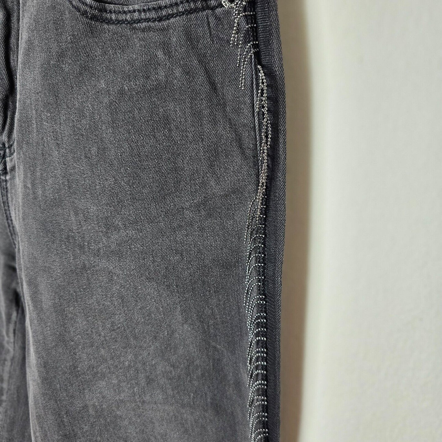 NWOT Armani Exchange Dark Gray J04 Wide Cropped Silver Beaded Fringe Jeans 27R