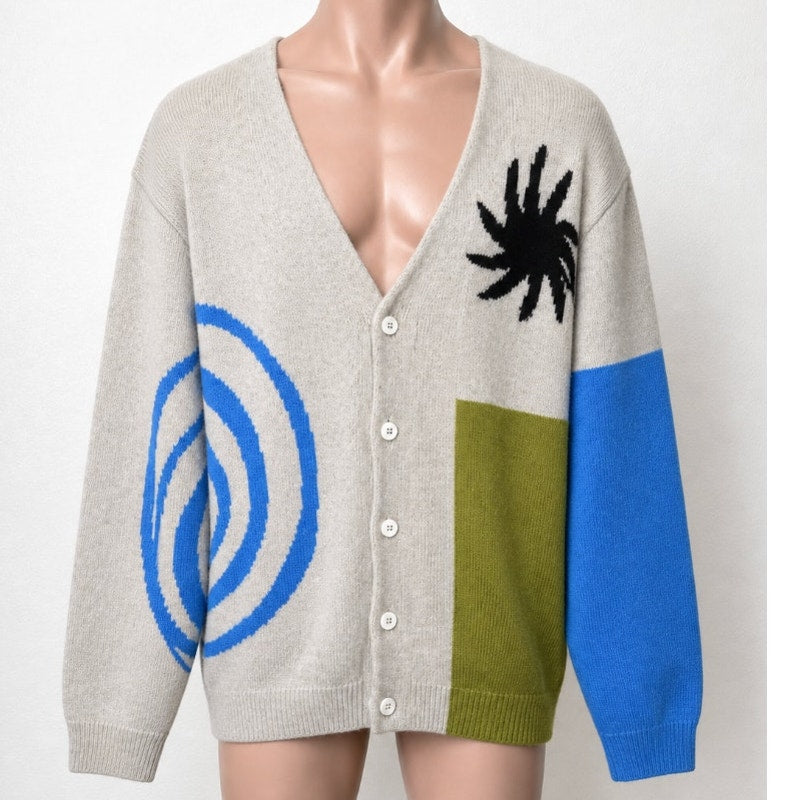 The Elder Statesman Tan Blue Green Block & Spiral Cashmere Cardigan L