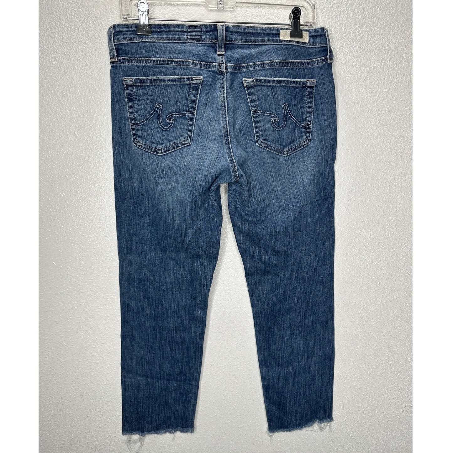AG Medium Wash Whiskered Raw Hem Stilt Crop Cigarette Crop Jean 29
