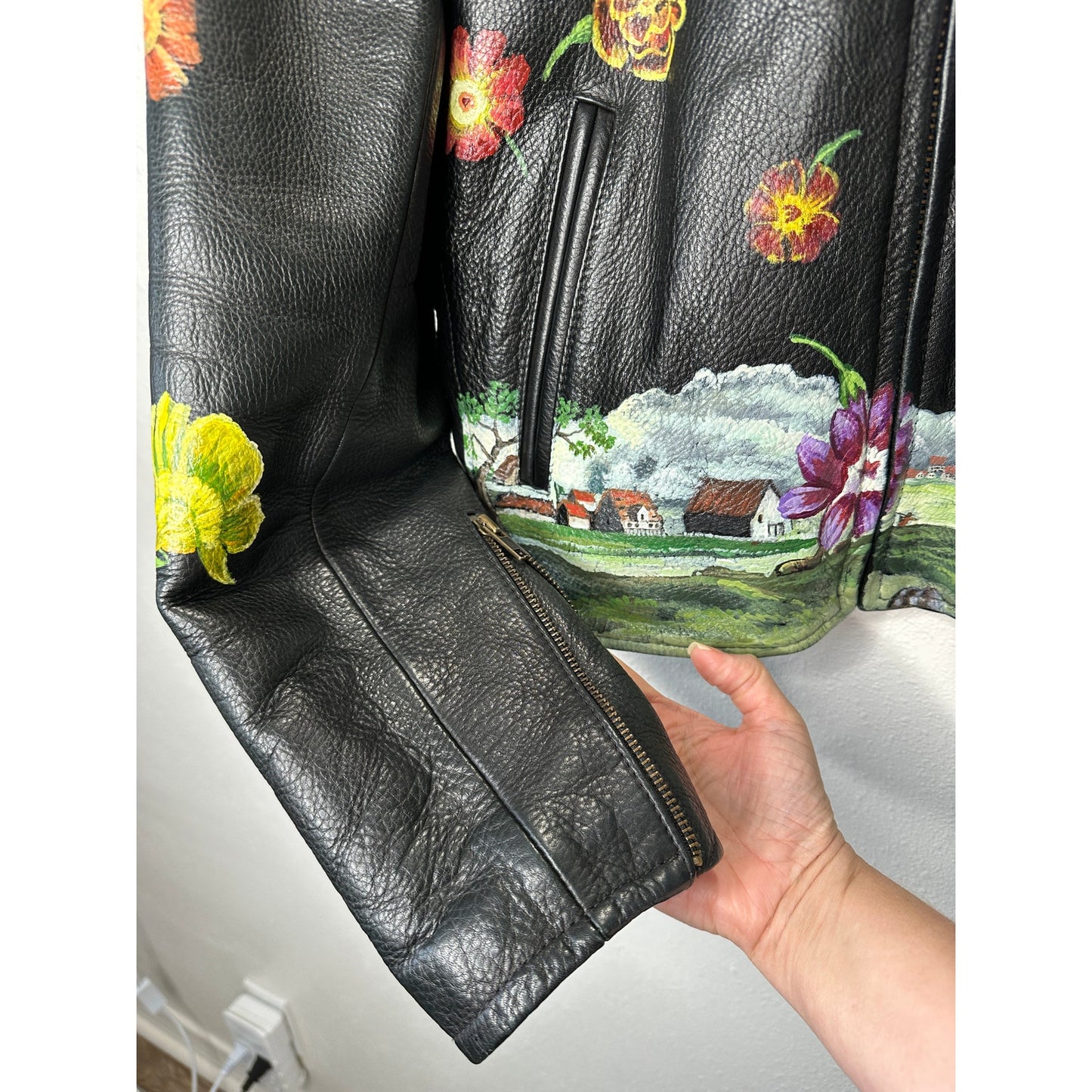 Libertine Hand-Painted Floral Skull Black Leather Moto Jacket M