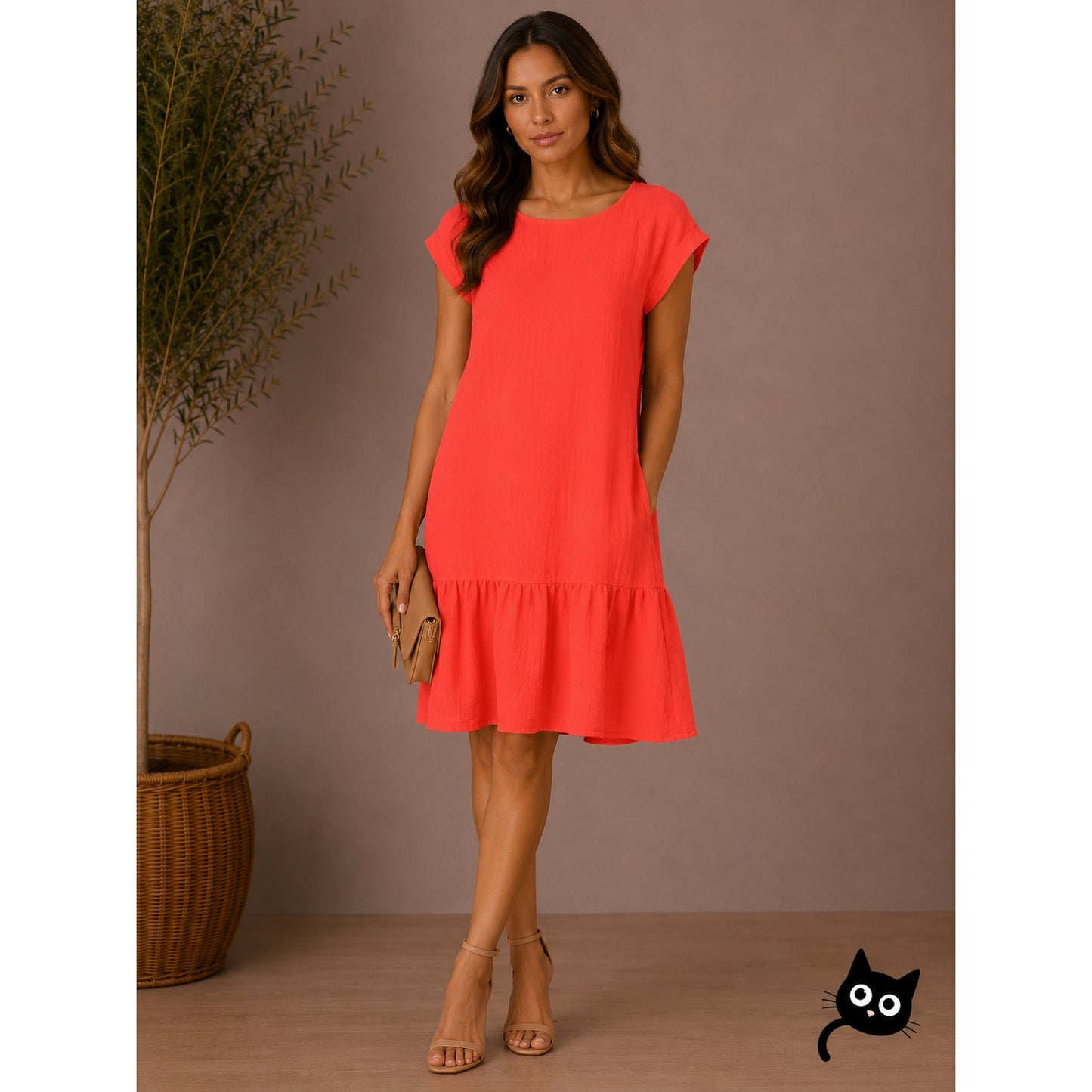 Comptoir Des Cotonniers Florescent Orange Round Neck Cap Sleeve Ruffle Dress 40 / 8