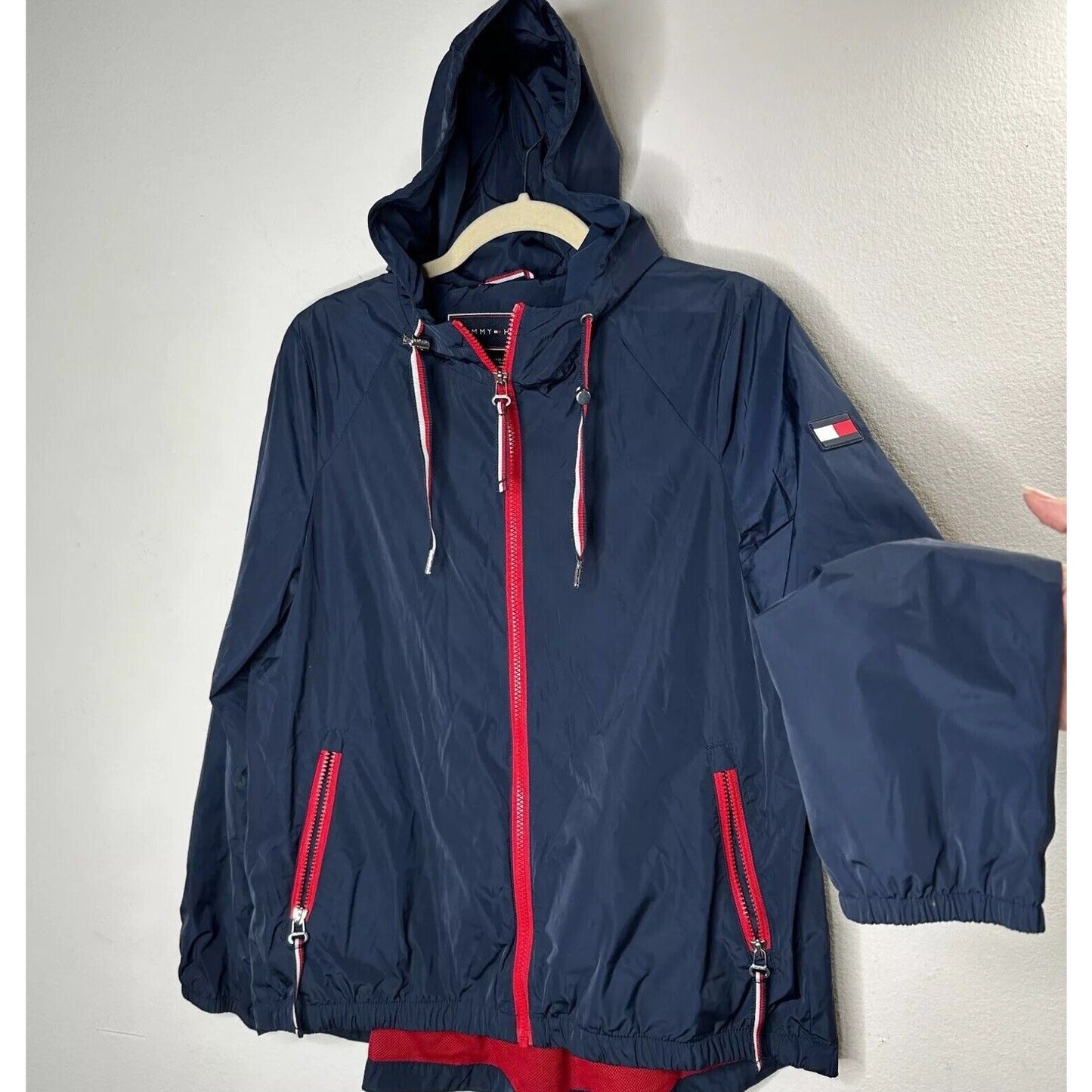 Tommy Hilfinger Navy Blue Red Trim Hooded Long Sleeve Zip Windbreaker Jacket S