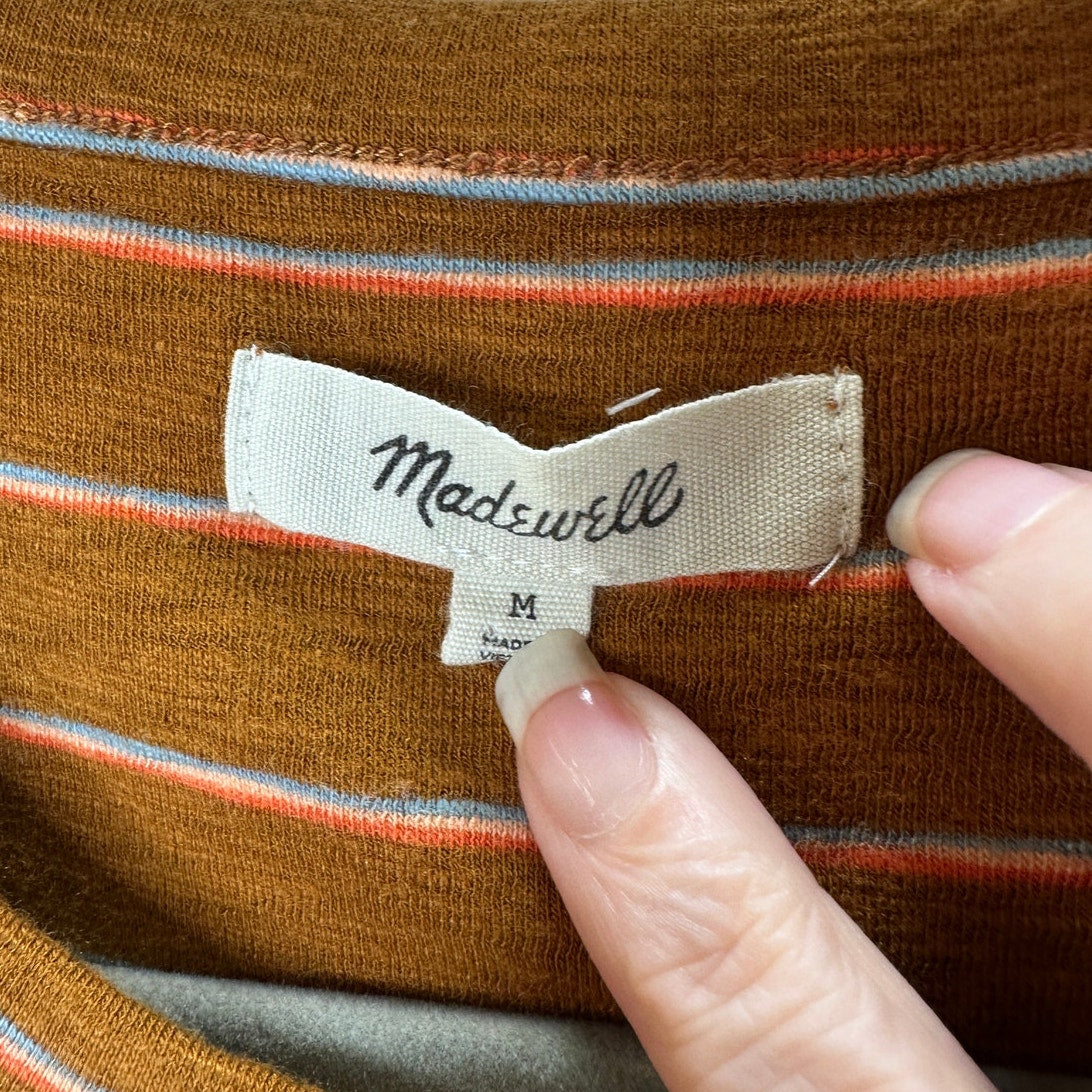 Madewell Rust Brown Peach Blue Stripe Short Sleeve Lettuce Hem Shirt M
