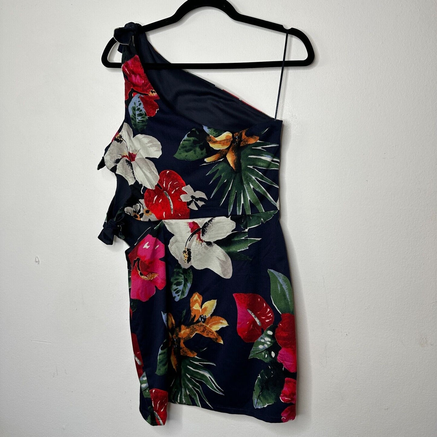 Zara Navy Red White Floral 3 Side Tie One Shoulder Mini Dress Side Zip Medium