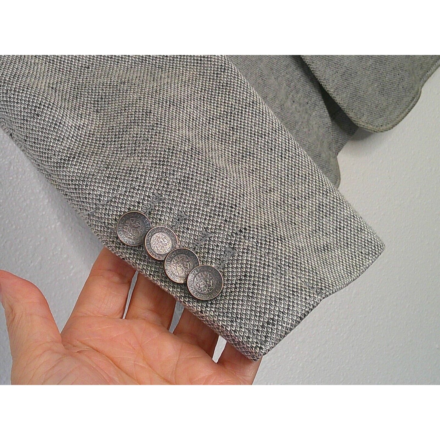 Windsor Blue Tweed with Sage Green Suede Neckline Pockets Patch Elbow Jacket 46