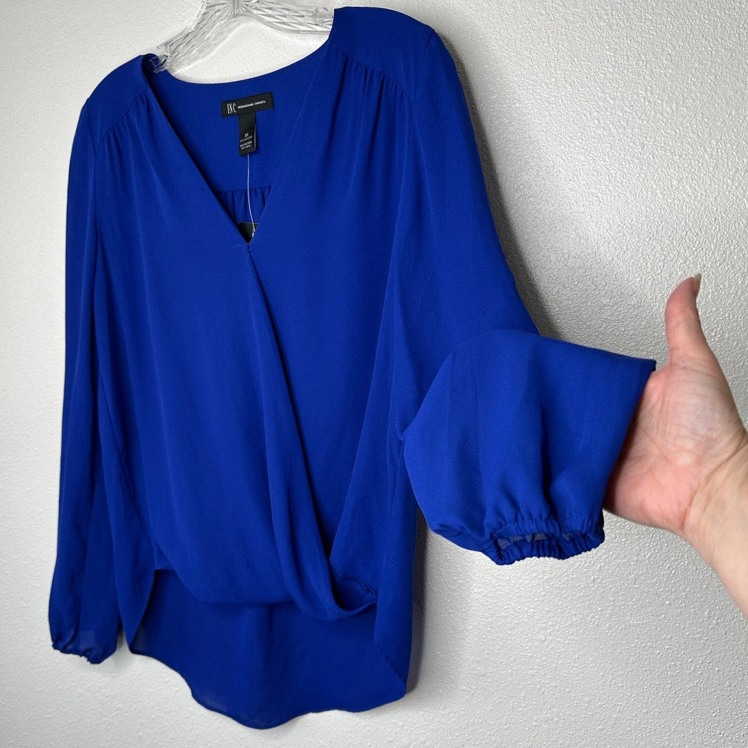 NWT INC Royal Blue VNeck Faux Wrap Long Sleeve High-Low Blouse XS