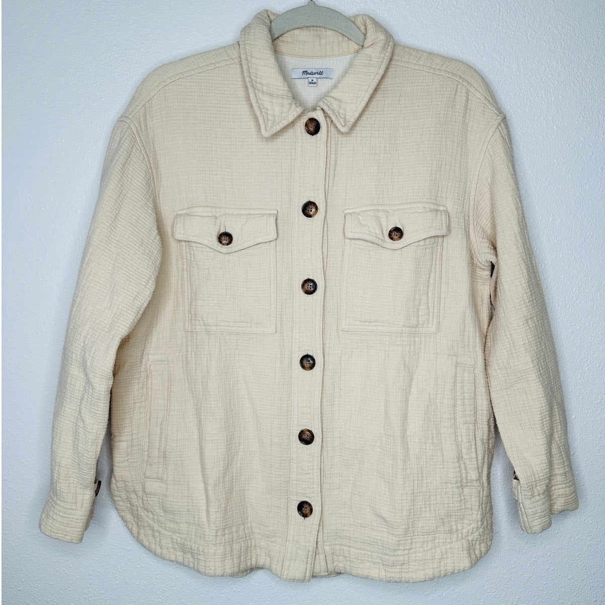 Madewell Oatmeal Long Sleeve Button Front Pocketed Waffle Pattern Shirt Jacket