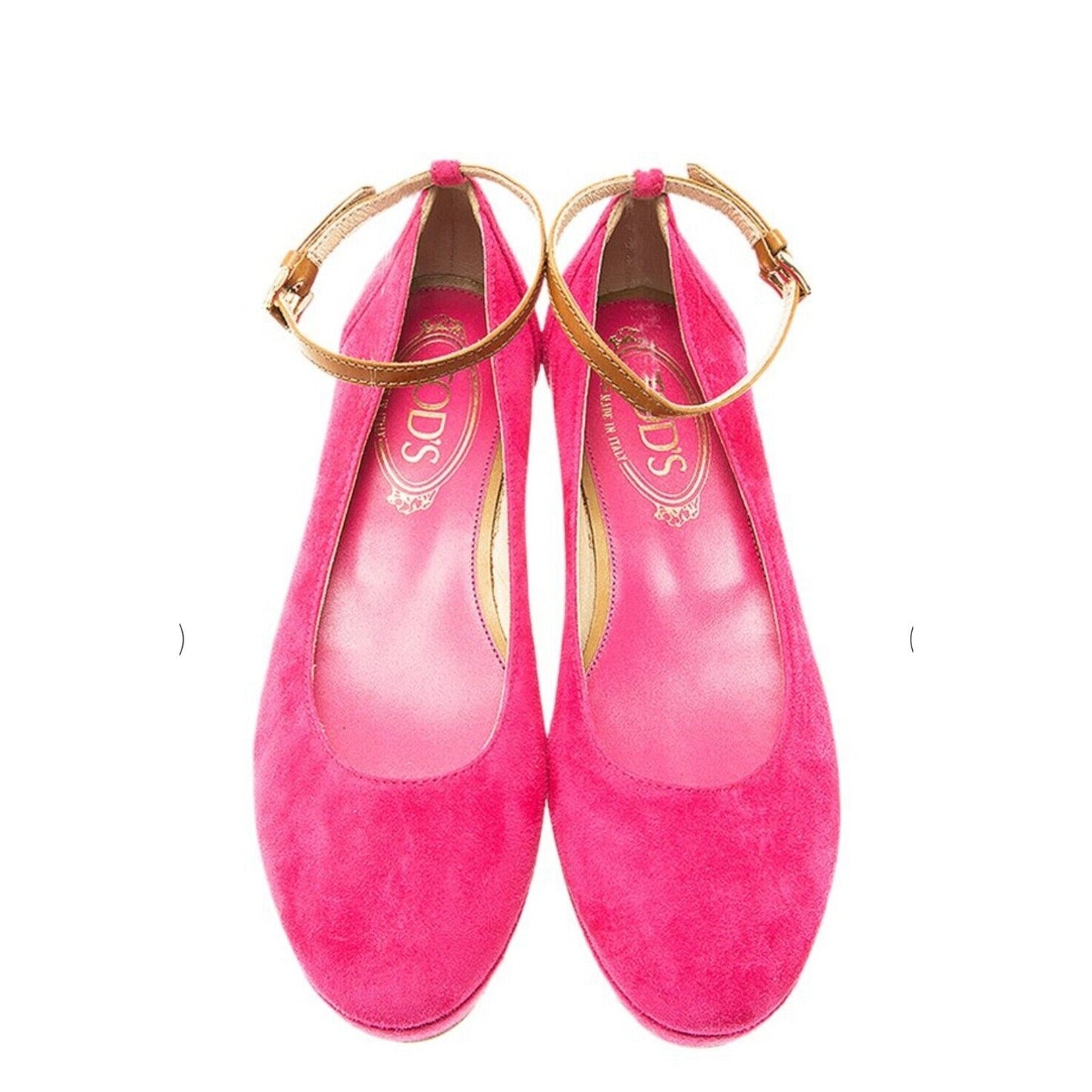 Tod's Deep Pink Suede Ankle Strap Ballerina Style Round Toe Wedge Shoes 38 / 8