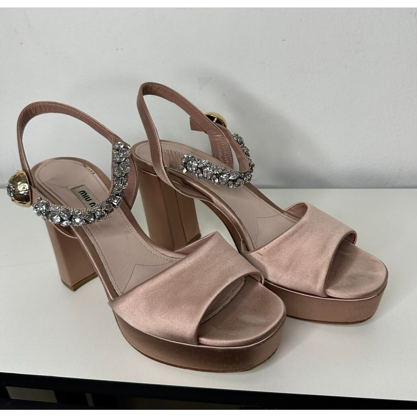 Miu Miu Nude Calzature Donna Satin Crystal Ankle Strap Platform Block Heels 10.5