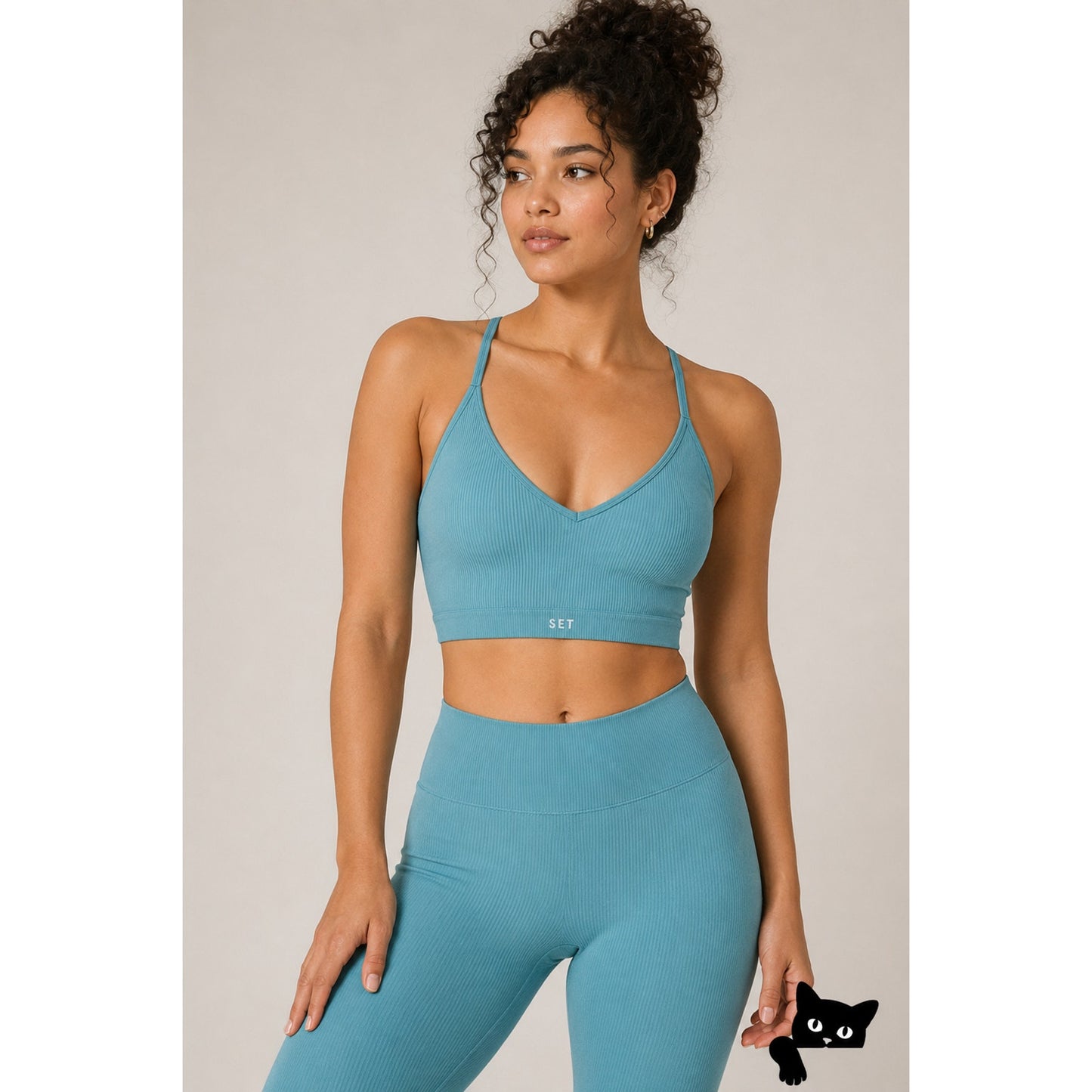 Set Active Light Aqua Ribbed Scuptflex Crop V Neck Skinny Strap Y Back XS / S