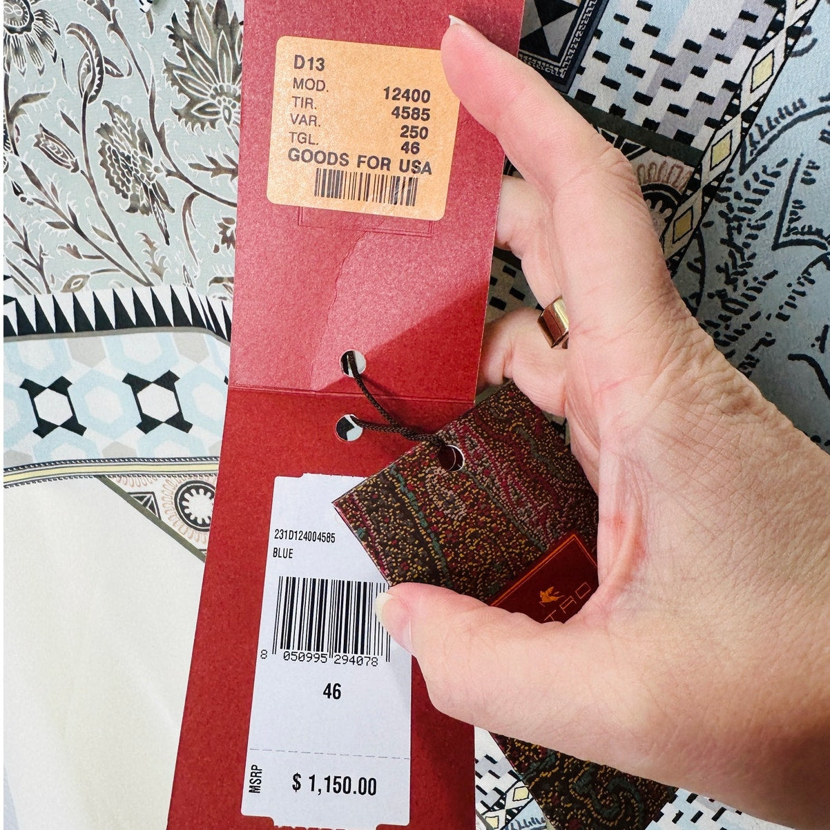 ETRO Pastel Cream Blue Multi Geometric Print Button Collar Silk Blouse  46 / L