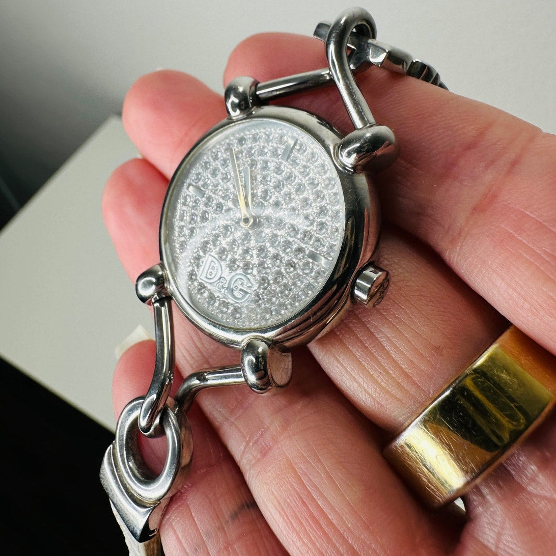 Dolce & Gabbana Ladies Silver Flock Diamante Quartz Watch White Band