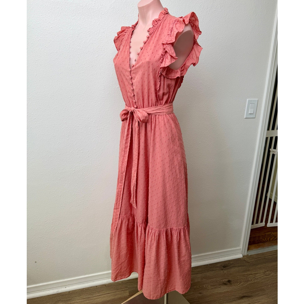 Outerknown Canyon Ruffle Maxi Dress Coral Swiss Dot Cotton Women's US XS