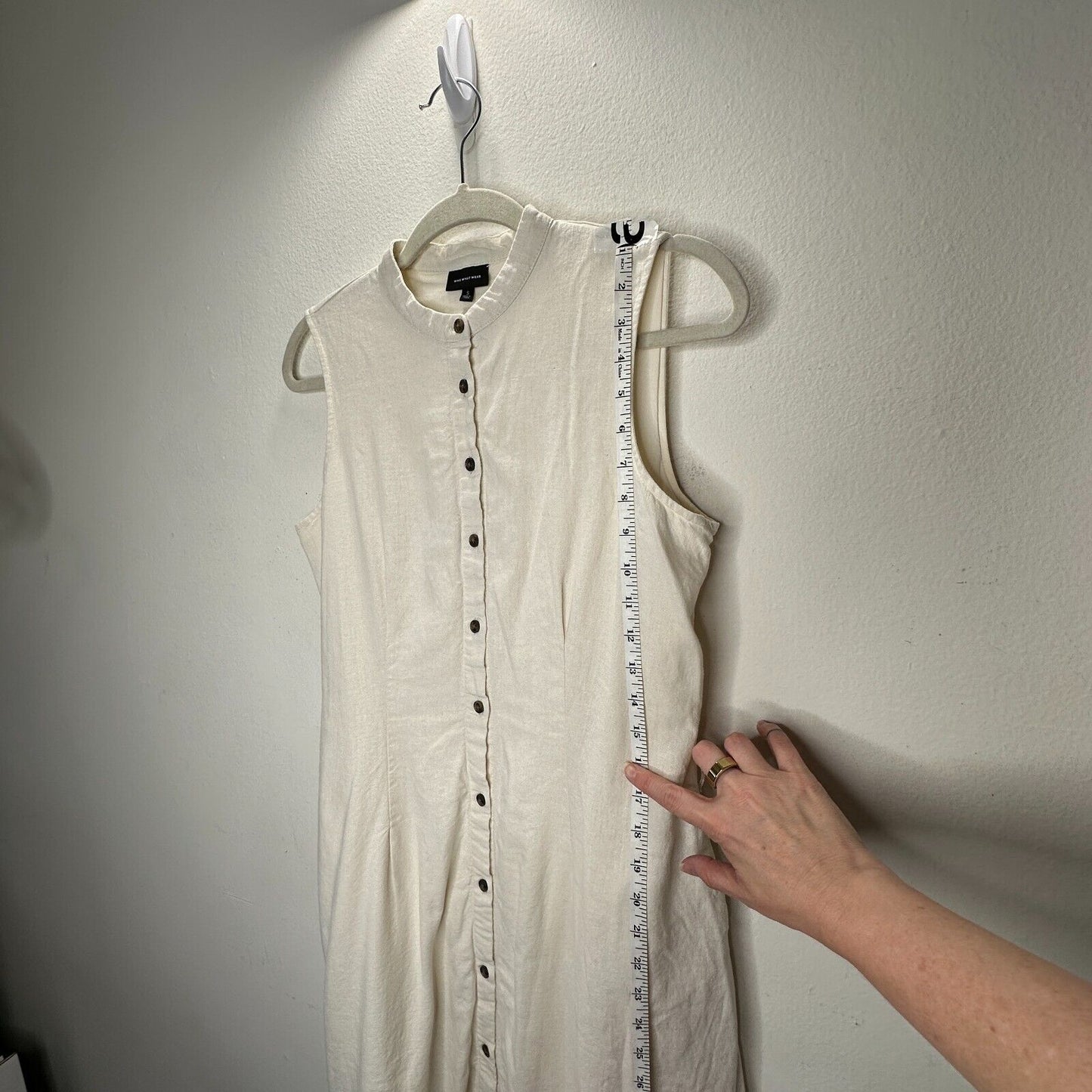 Whowhatwhere Cream Sleeveless Mock Neck Button Front Pocket Linen Midi Dress SM