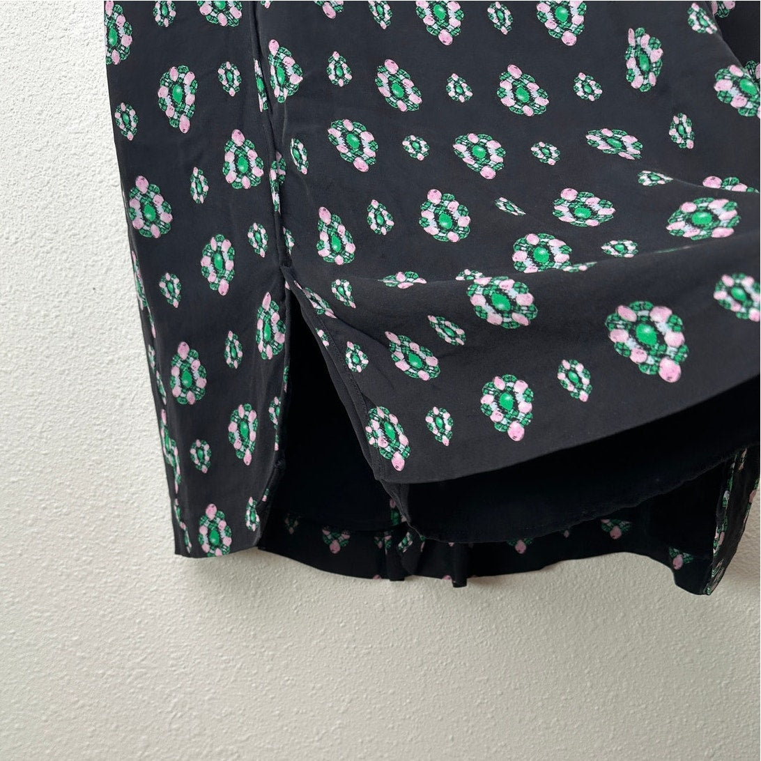 Alannah Hill Black Gem Print Front Slit Silk Skirt US 12