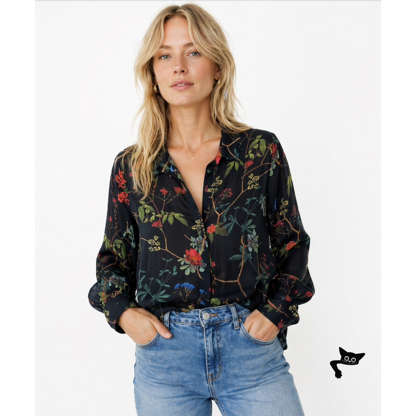 H&K Collection Botanical Floral Black Pink Blue Green Button Up Lightweight Top