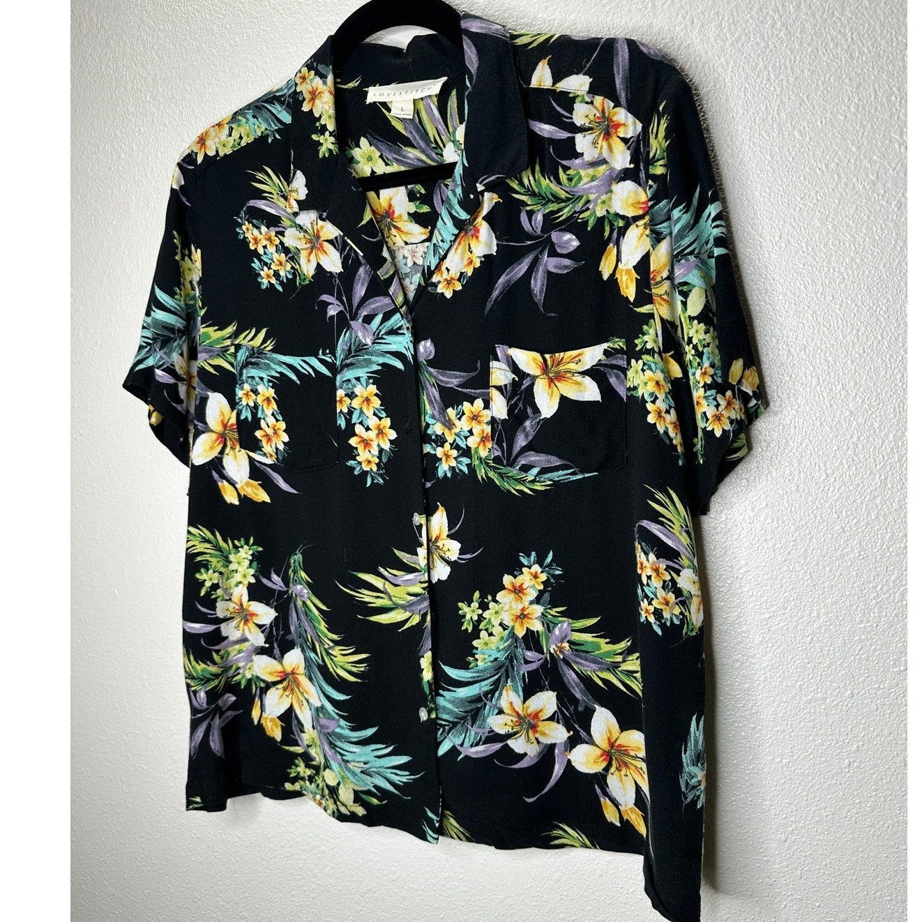Lovestitch Black Teal Yellow Multi Color Short Sleeve Collared Button Hawaiian Shirt L