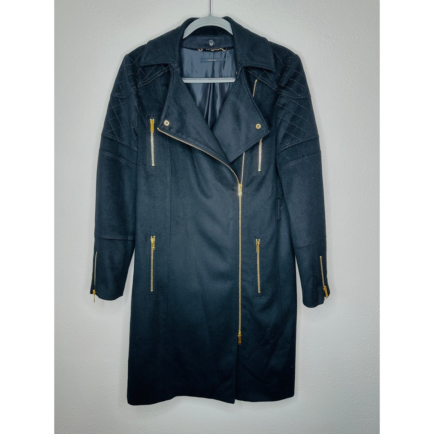 Gucci Black Wool Cashmere Sueded Gold Zip Long Line Trench Coat Jacket 44