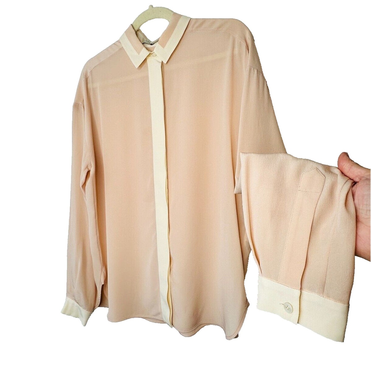 Stella McCartney Light Peach Silk Blouse Cream on Collar Button Placket Cuffs 42