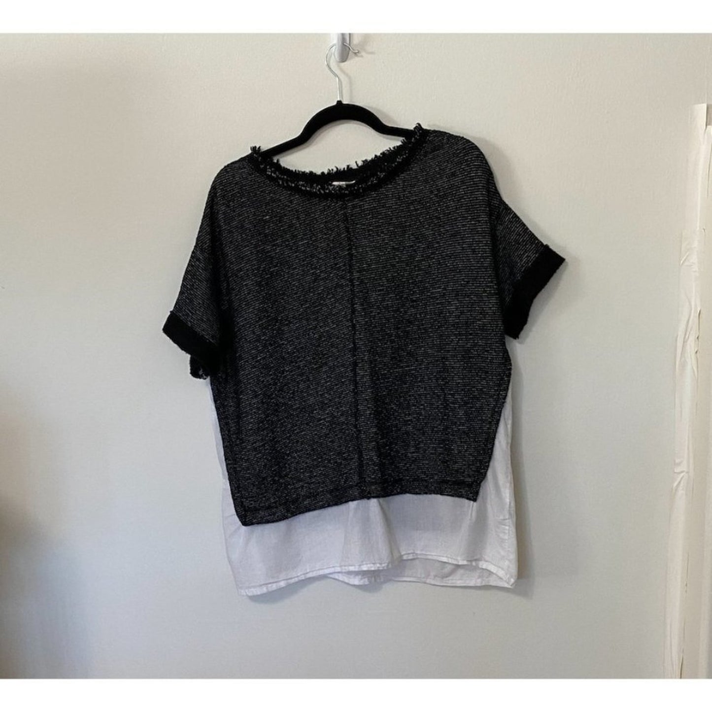 Caslon Black White Color Block Boxy Crewneck Woven Hem Striped Texture Top M
