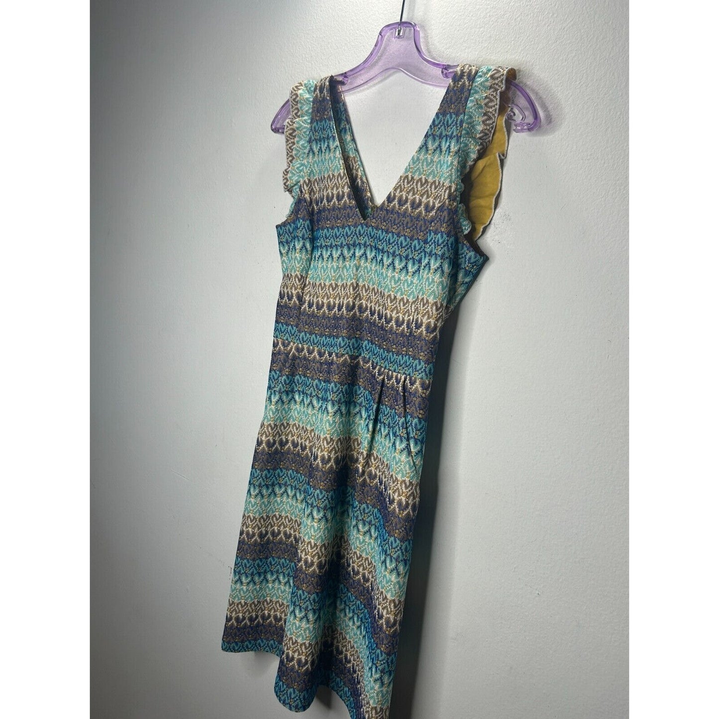Tabitha Teal Brown Blue Cream Crochet Stripe V-Neck Ruffle Cap Sleeve Mini Dress