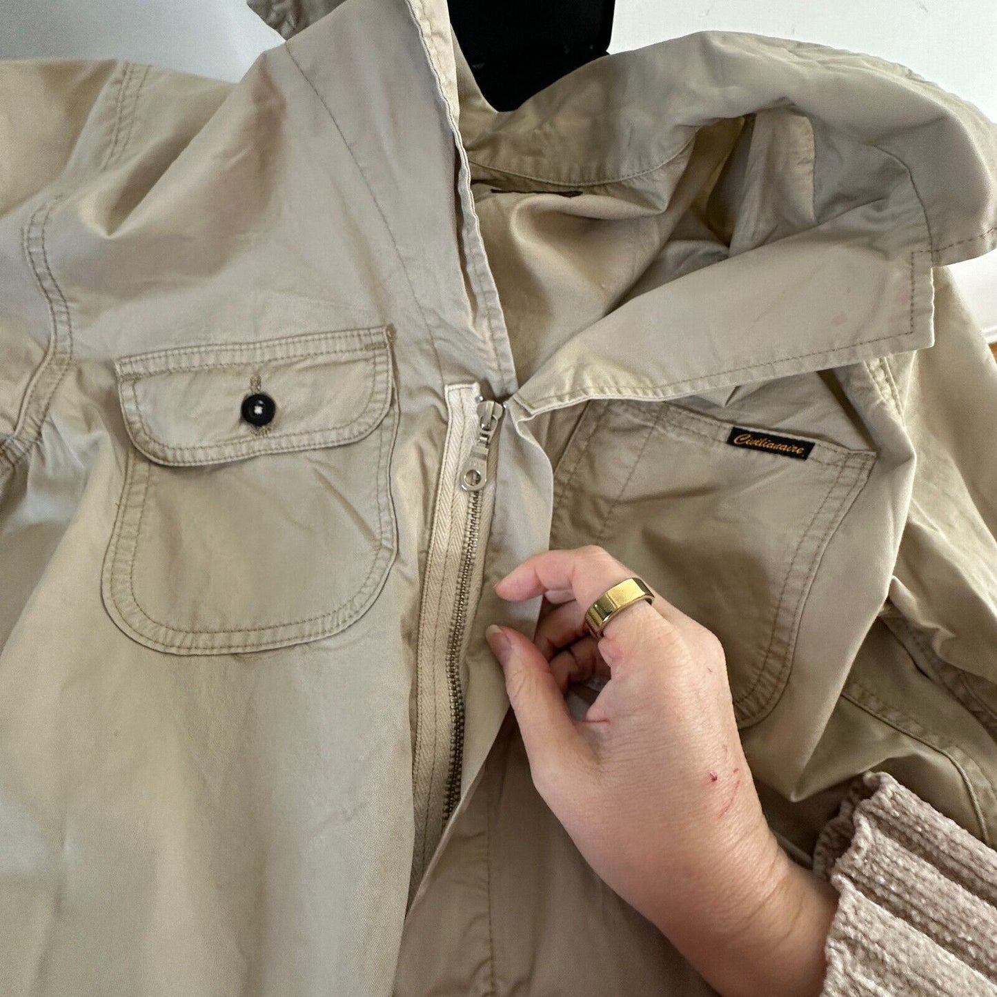 Civilianaire Khaki Twill Front-Zip Long Sleeve Pockets Utility Jumpsuit XS