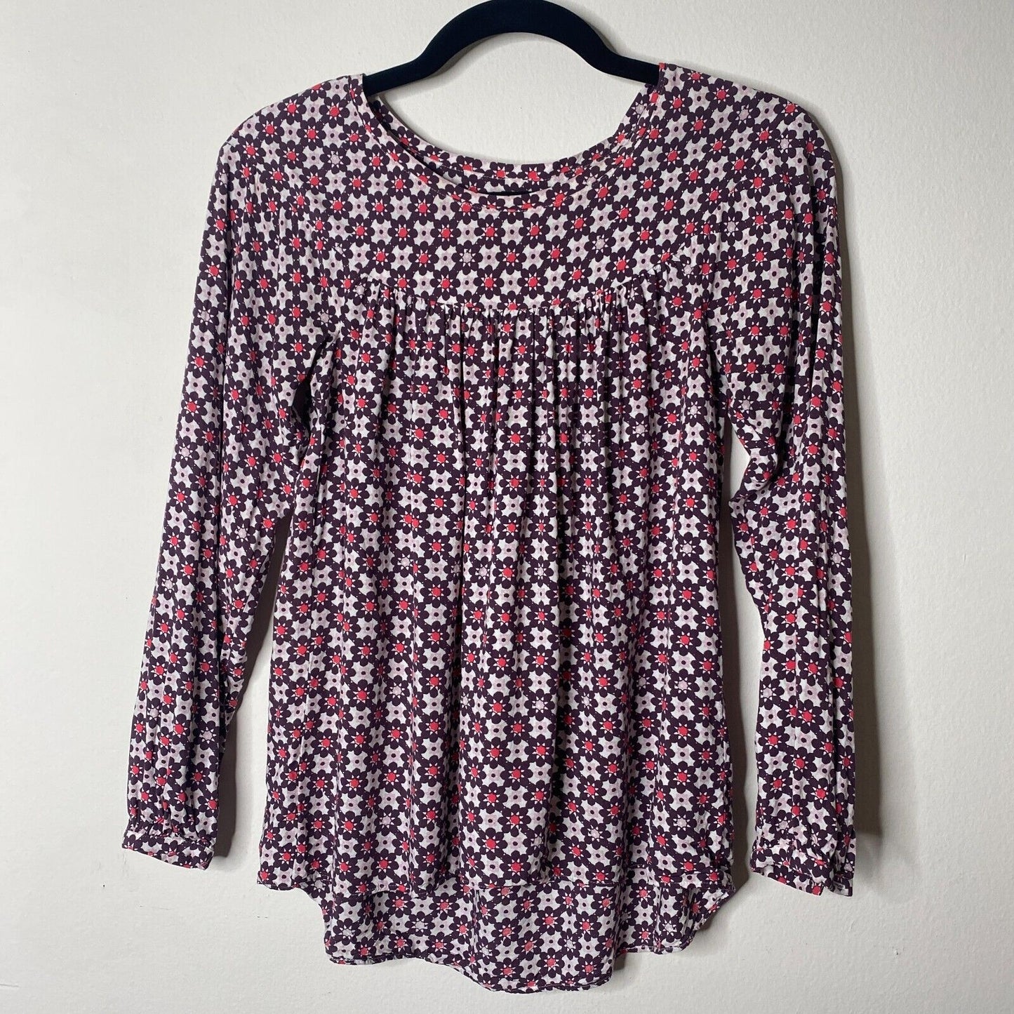 Ann Taylor Loft Purple Pink & White Flowy Blouse Long Sleeve Shirred Yoke XXSP