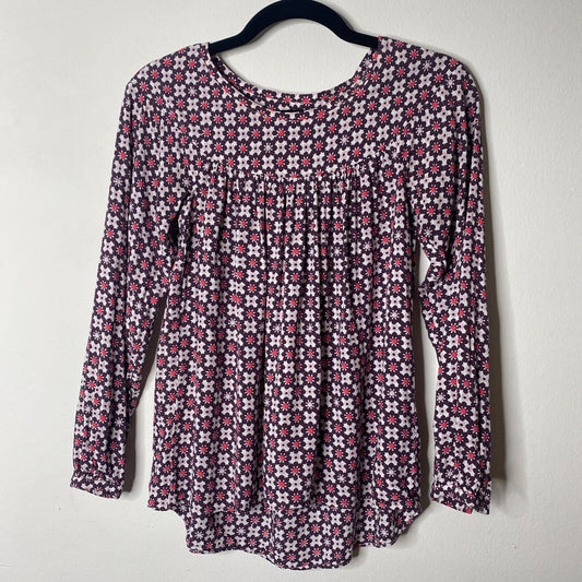 Ann Taylor Loft Purple Pink & White Flowy Blouse Long Sleeve Shirred Yoke XXSP