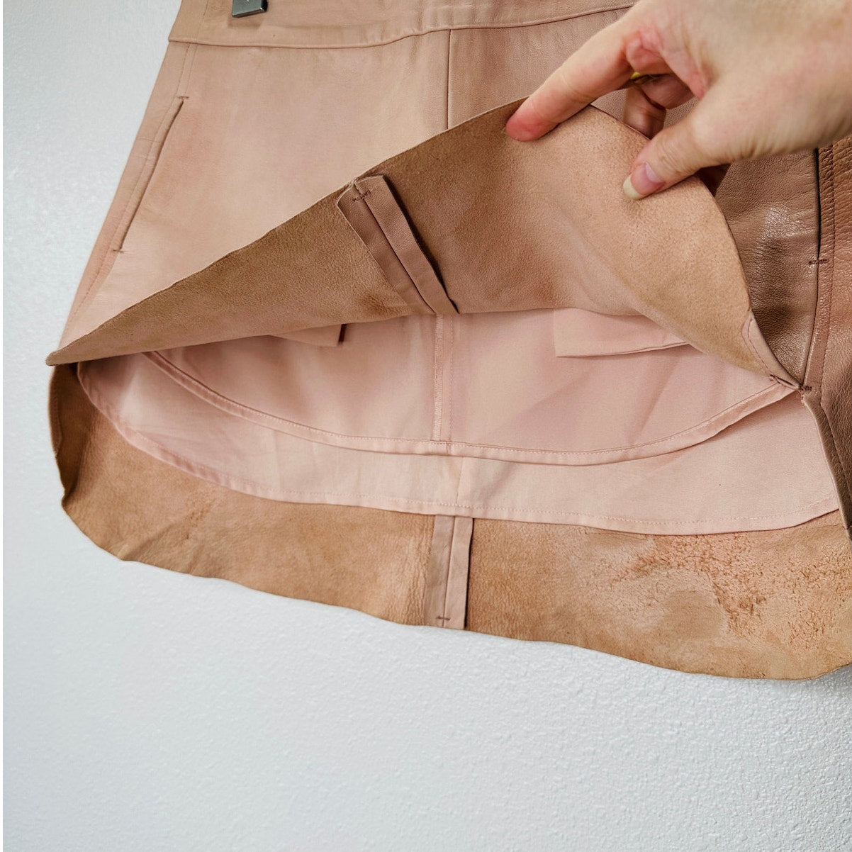 Michelle Mason Light Peach Blush Lambskin Leather Baseball Hem Mini Skirt 4