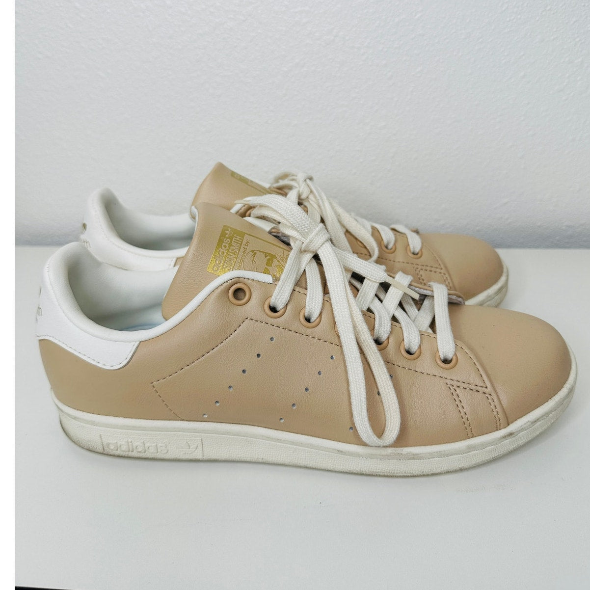 Adidas Gold Stan Smith Colab Tan & White Leather Lace up Sneaker Shoes 8