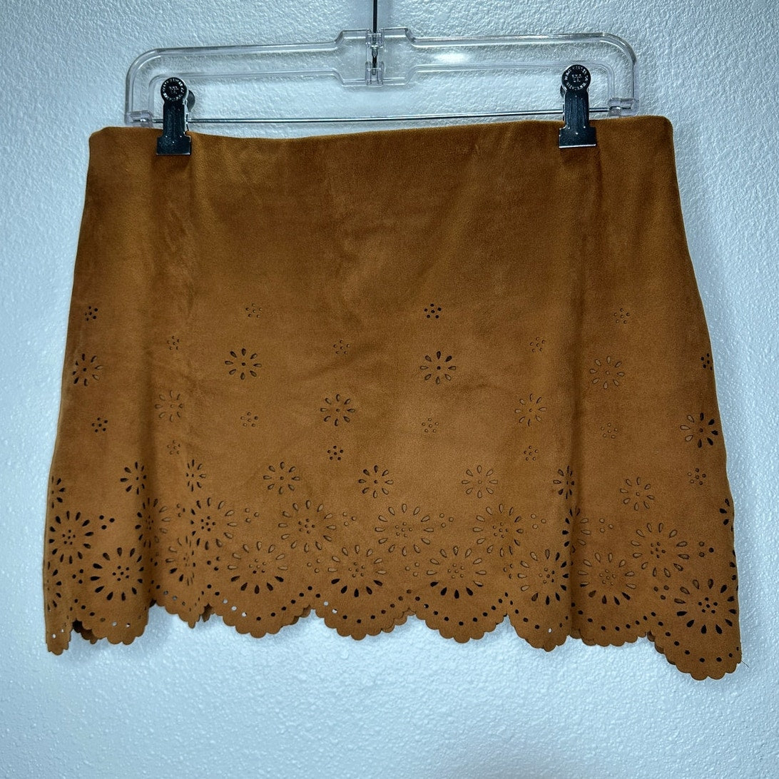 Zara Rust Brown Faux Suede Laser Cut Scalloped Hem Skirt L